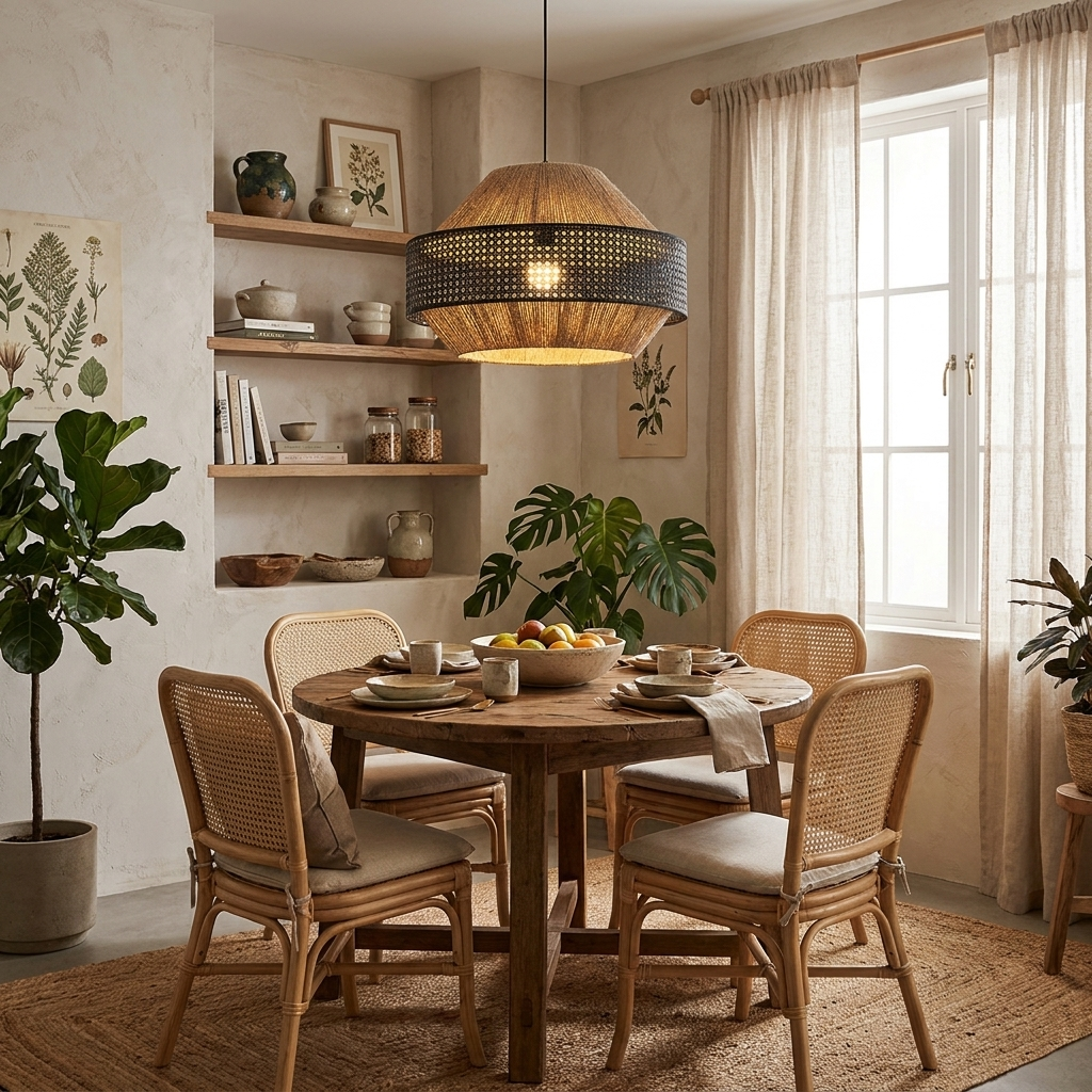 Round table, woven rattan chairs and open shelving surround this lit Clérachic pendant in a bright kitchen nook.