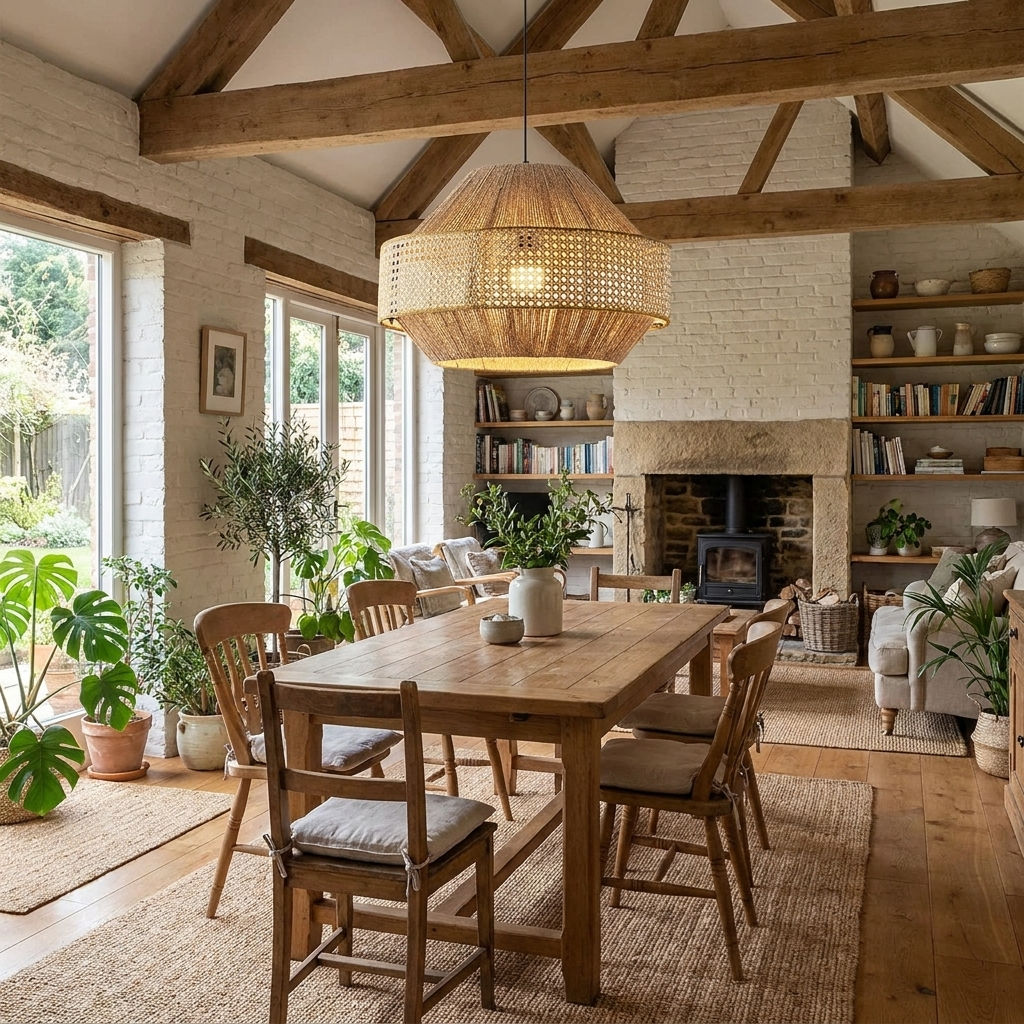 Beneath exposed wood beams, this Clérachic pendant lights a long dining table near an open brick fireplace.