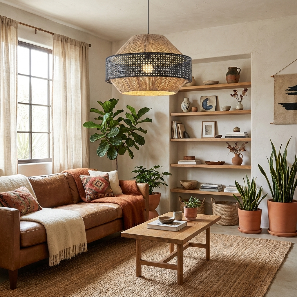 In black rattan, this Clérachic pendant lights a cosy living room with a leather sofa and open shelves.