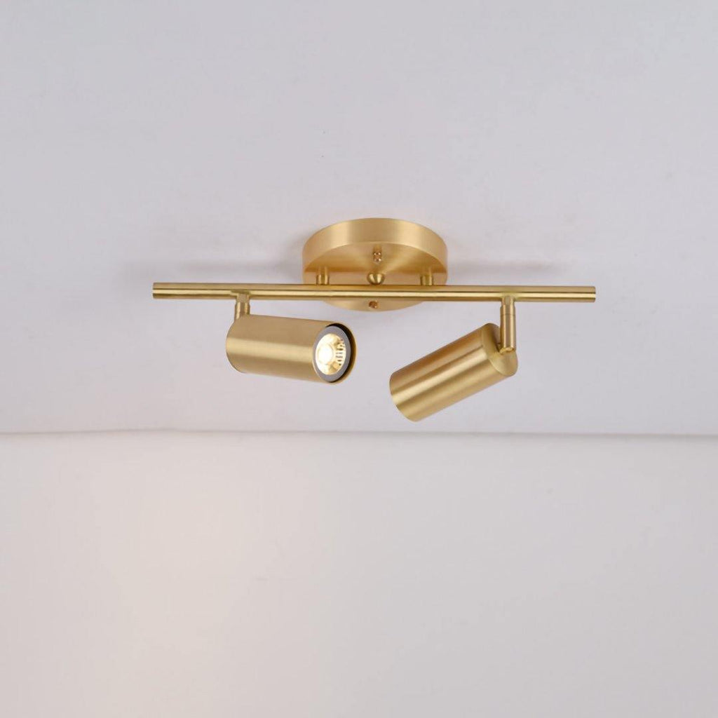 Brass wall spotlight angled to highlight wall artwork