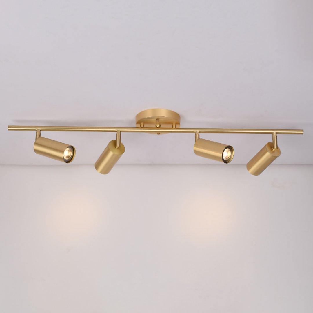 Brass spotlight wall light illuminating a shelf display