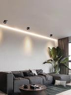 Black units of this Clérachic downlight line a recessed wall channel above a dark sofa and a large potted plant.