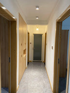 A single black unit of this Clérachic downlight lights a hallway lined with wood-panel doors and stone flooring.