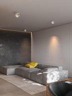 A black unit of this Clérachic downlight is mounted in a lounge corner above a grey sectional sofa and yellow cushion.