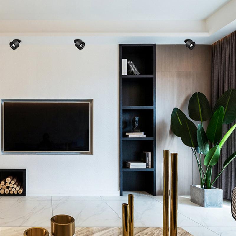 Angled black units of this Clérachic downlight line a living room ceiling above open wood shelving and a television.