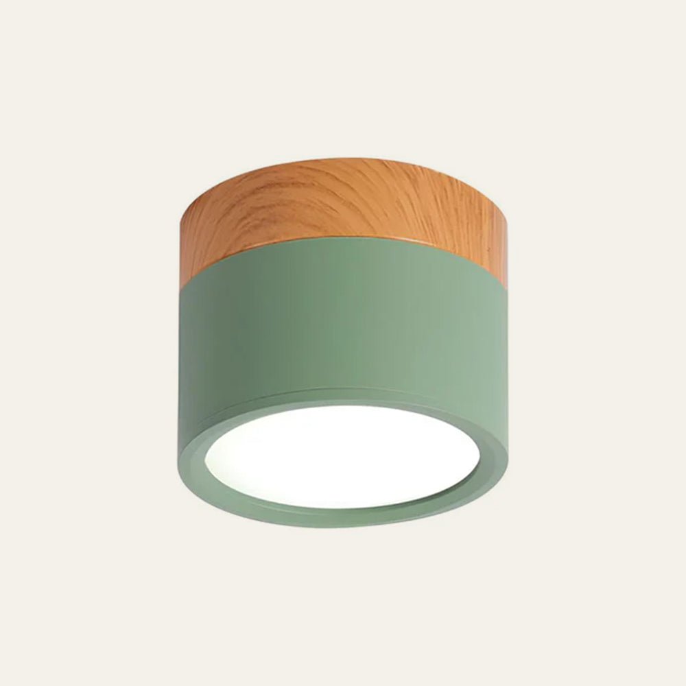 Wood Trim Cylinder Ceiling Light, Flush Mount, Frosted LED Diffuser