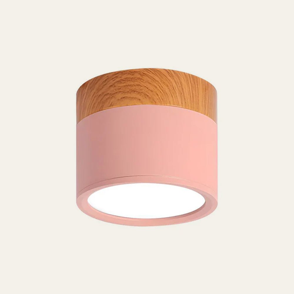 Wood Trim Cylinder Ceiling Light, Flush Mount, Frosted LED Diffuser