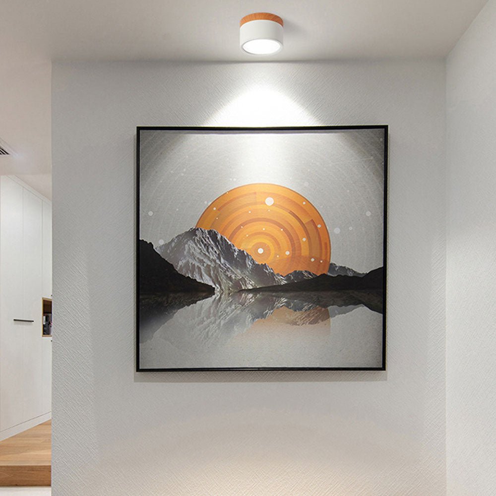Wood Trim Cylinder Ceiling Light, Flush Mount, Frosted LED Diffuser