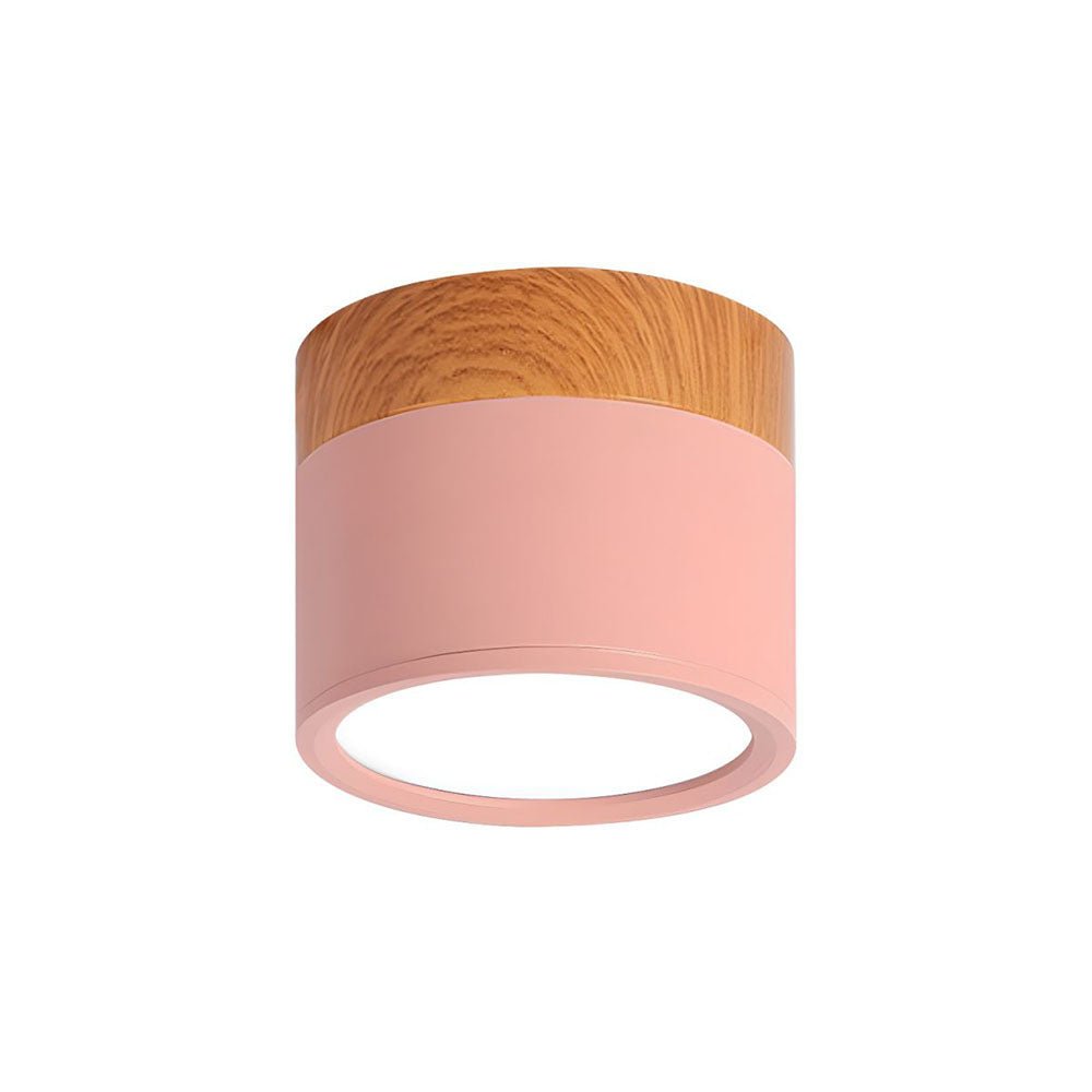 Wood Trim Cylinder Ceiling Light, Flush Mount, Frosted LED Diffuser