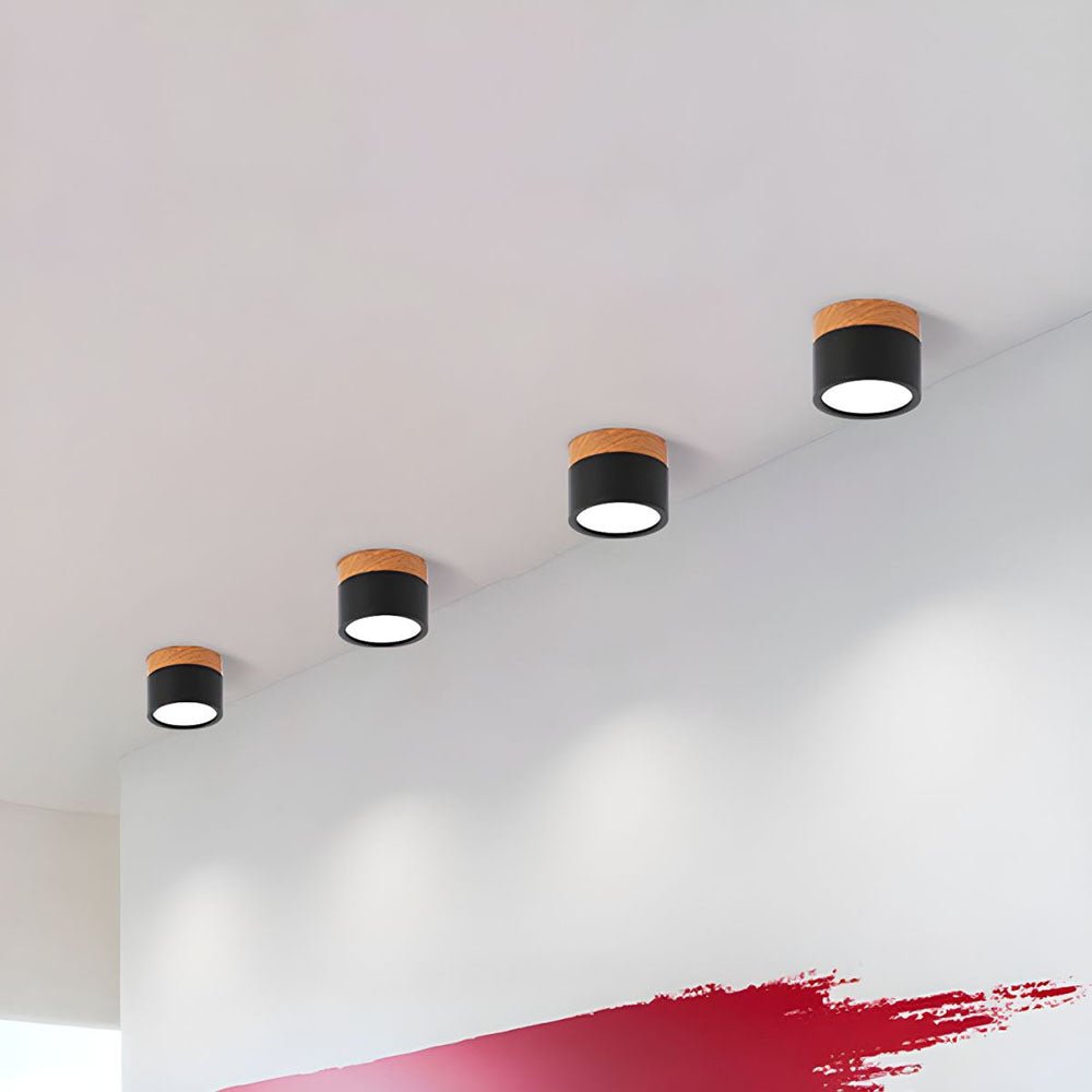Wood Trim Cylinder Ceiling Light, Flush Mount, Frosted LED Diffuser