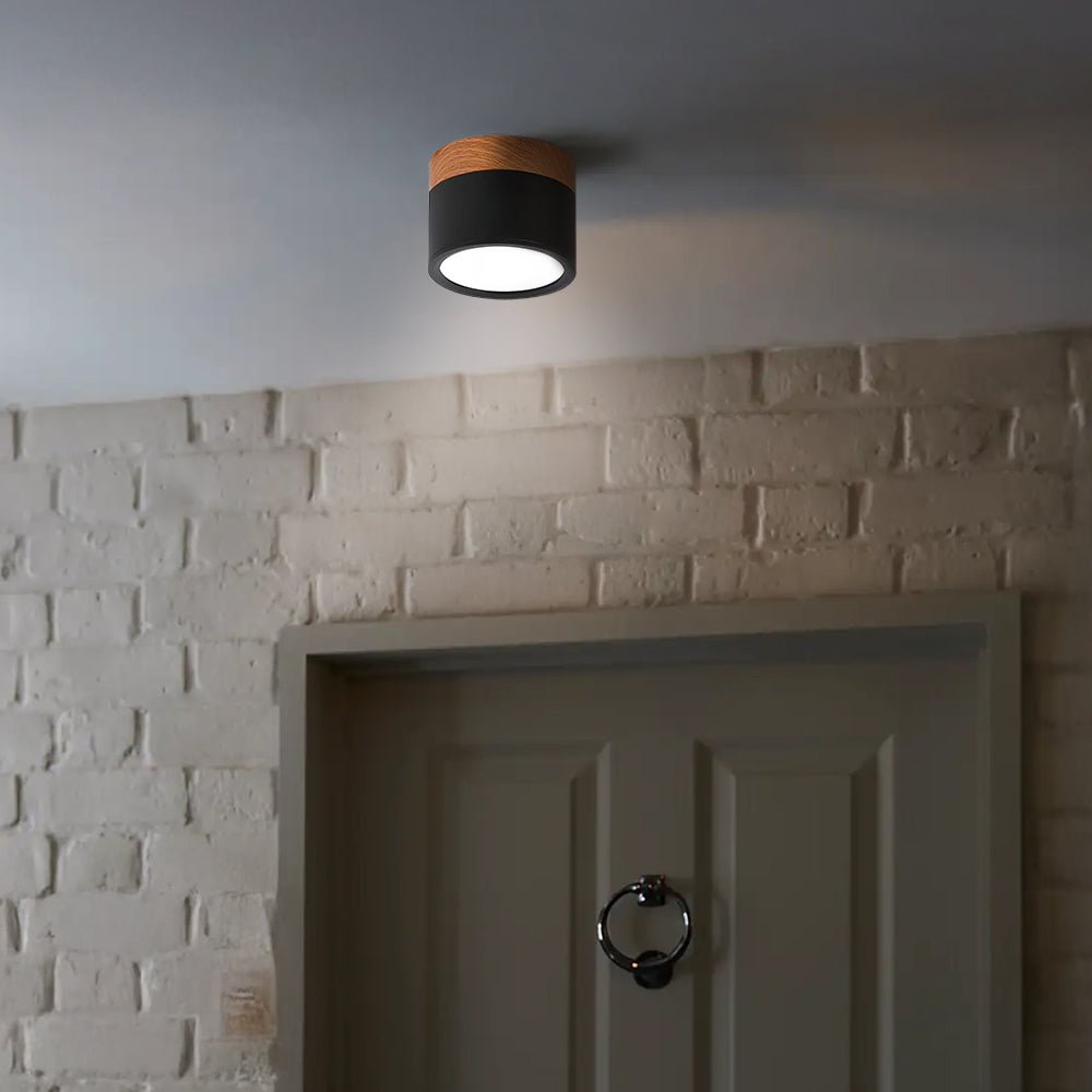 Wood Trim Cylinder Ceiling Light, Flush Mount, Frosted LED Diffuser