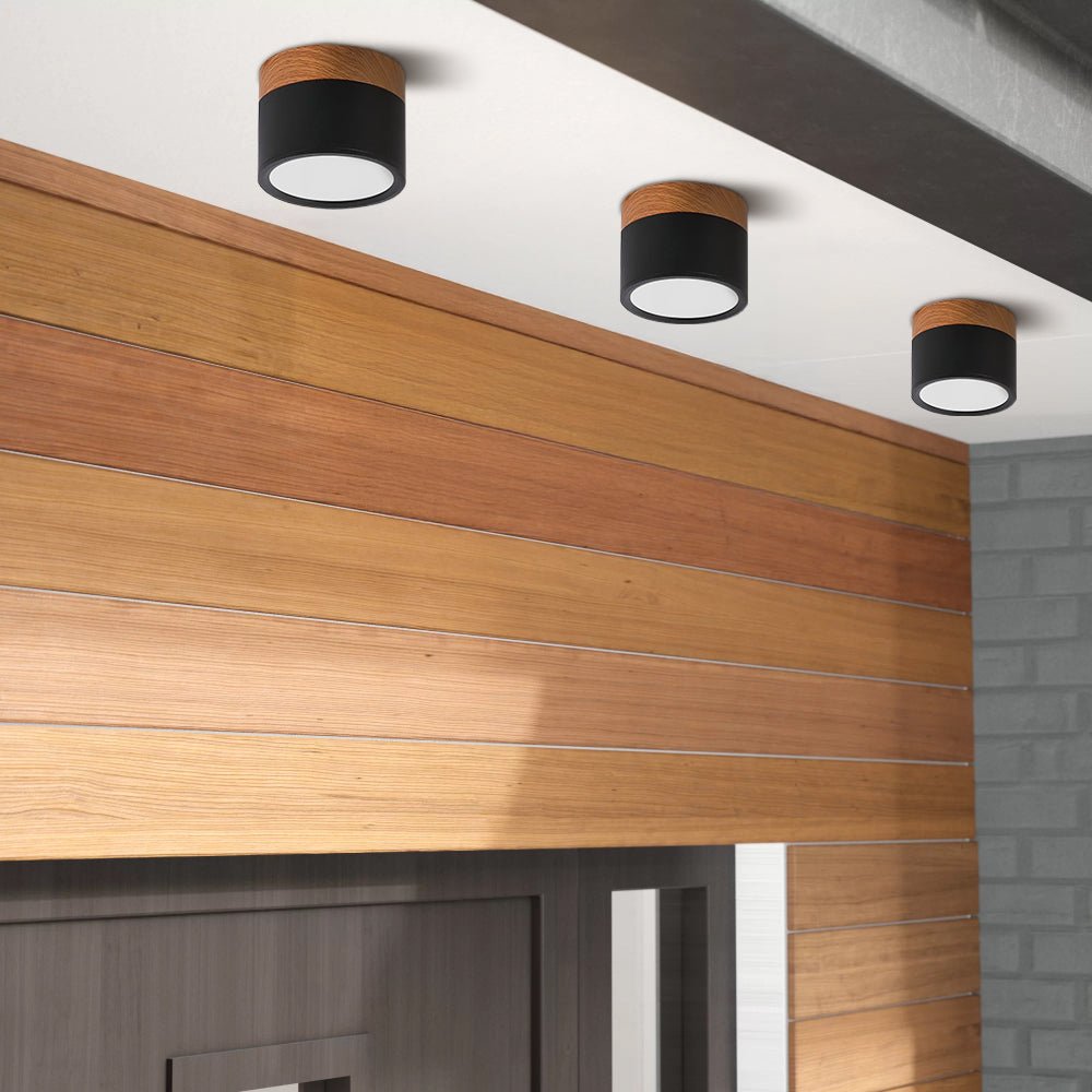 Wood Trim Cylinder Ceiling Light, Flush Mount, Frosted LED Diffuser