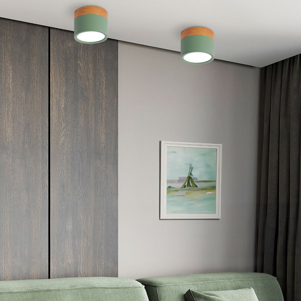 Wood Trim Cylinder Ceiling Light, Flush Mount, Frosted LED Diffuser