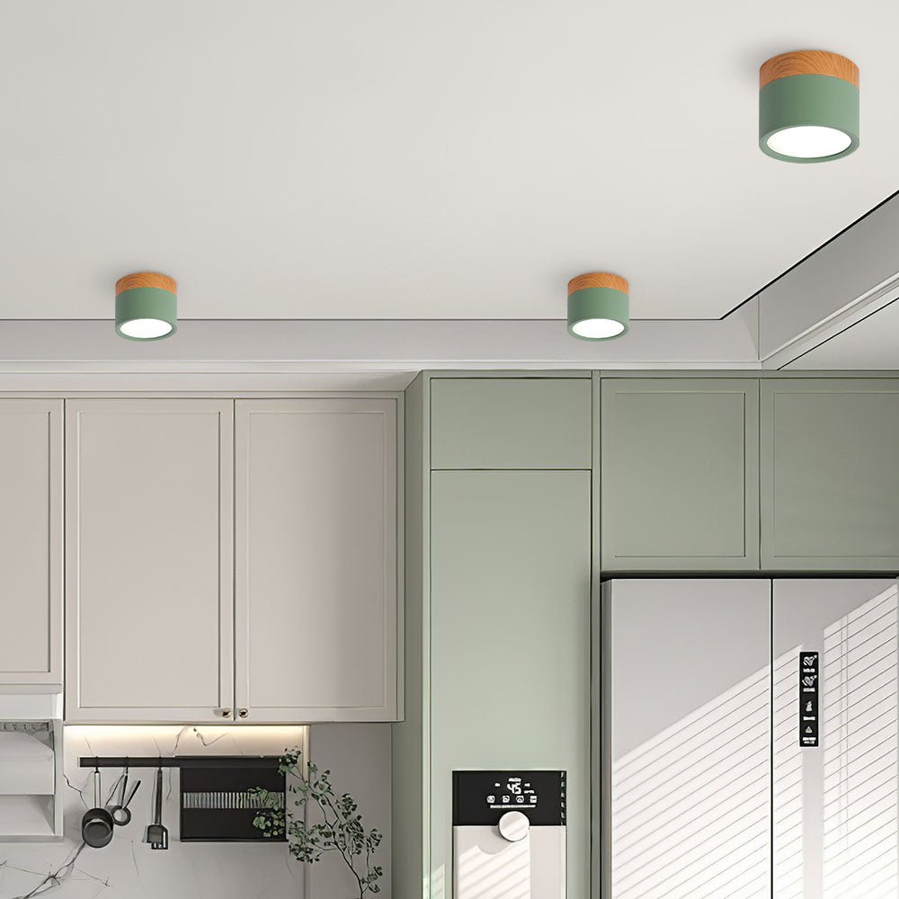 Wood Trim Cylinder Ceiling Light, Flush Mount, Frosted LED Diffuser