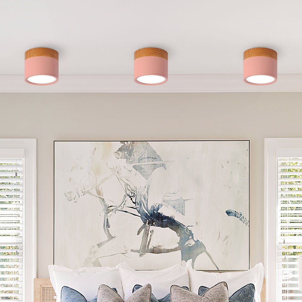 Wood Trim Cylinder Ceiling Light, Flush Mount, Frosted LED Diffuser