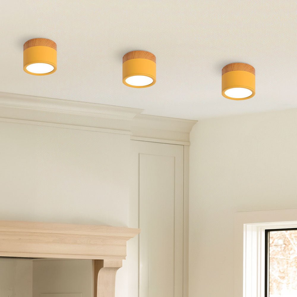 Wood Trim Cylinder Ceiling Light, Flush Mount, Frosted LED Diffuser