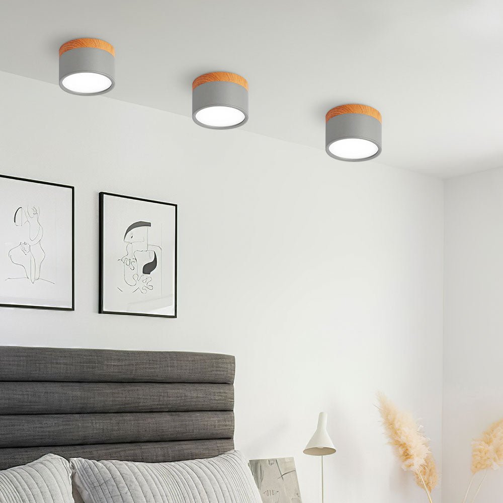 Wood Trim Cylinder Ceiling Light, Flush Mount, Frosted LED Diffuser