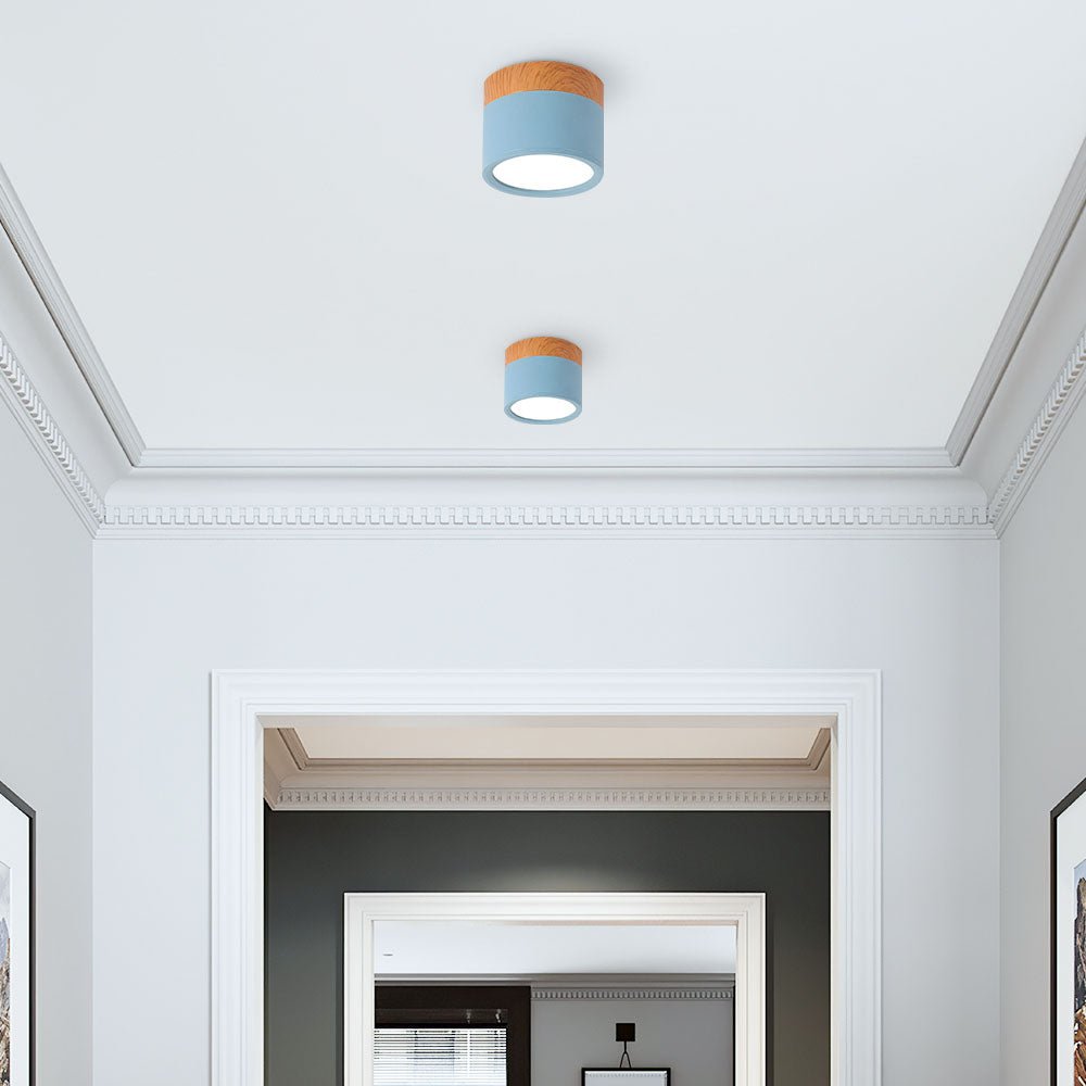 Wood Trim Cylinder Ceiling Light, Flush Mount, Frosted LED Diffuser