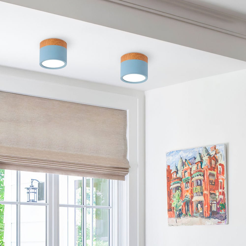 Wood Trim Cylinder Ceiling Light, Flush Mount, Frosted LED Diffuser