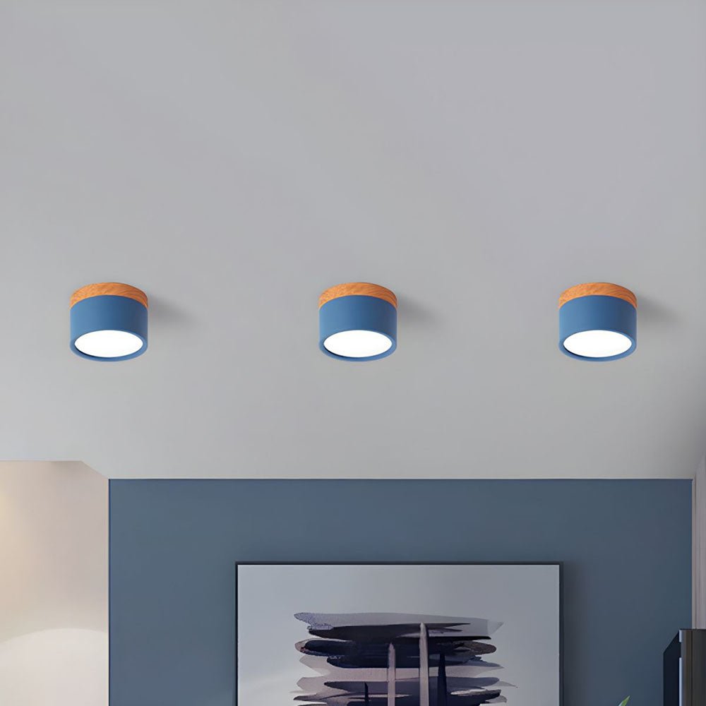 Wood Trim Cylinder Ceiling Light, Flush Mount, Frosted LED Diffuser