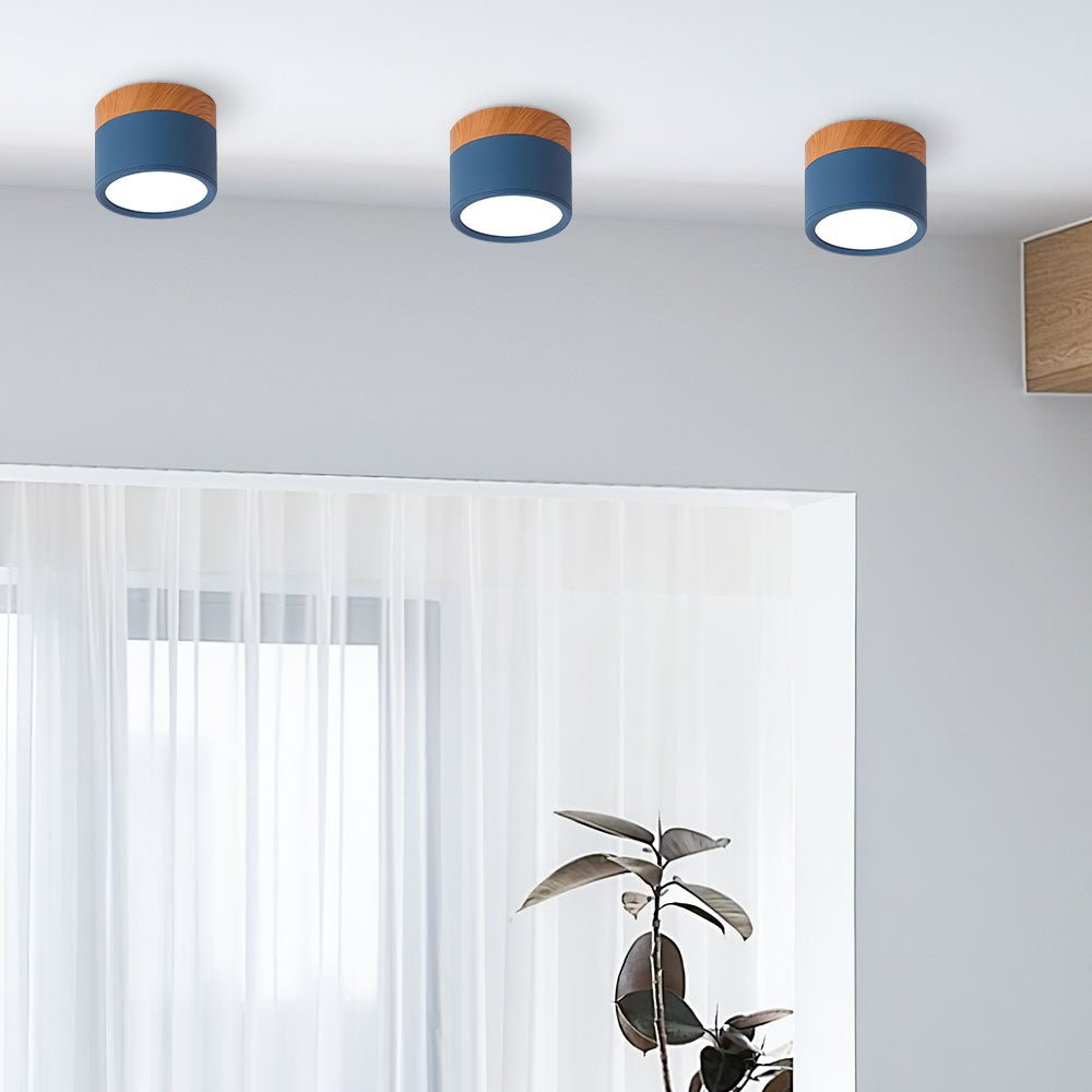 Wood Trim Cylinder Ceiling Light, Flush Mount, Frosted LED Diffuser
