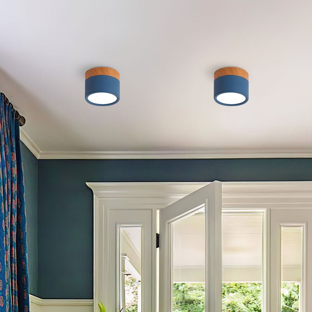 Wood Trim Cylinder Ceiling Light, Flush Mount, Frosted LED Diffuser
