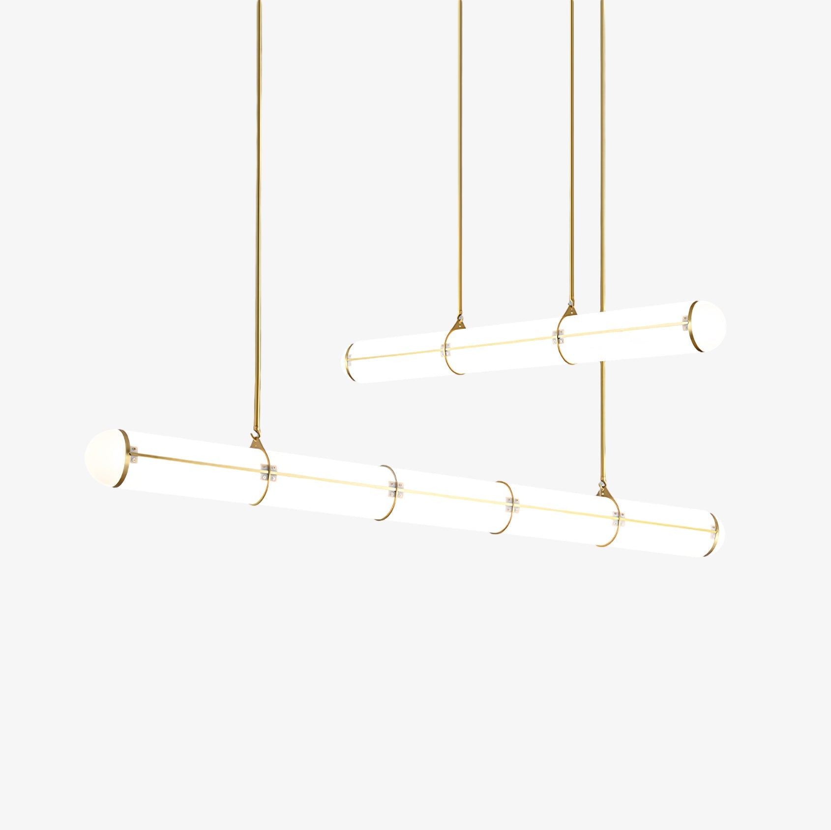 Linear pendant light suspended over a dining table