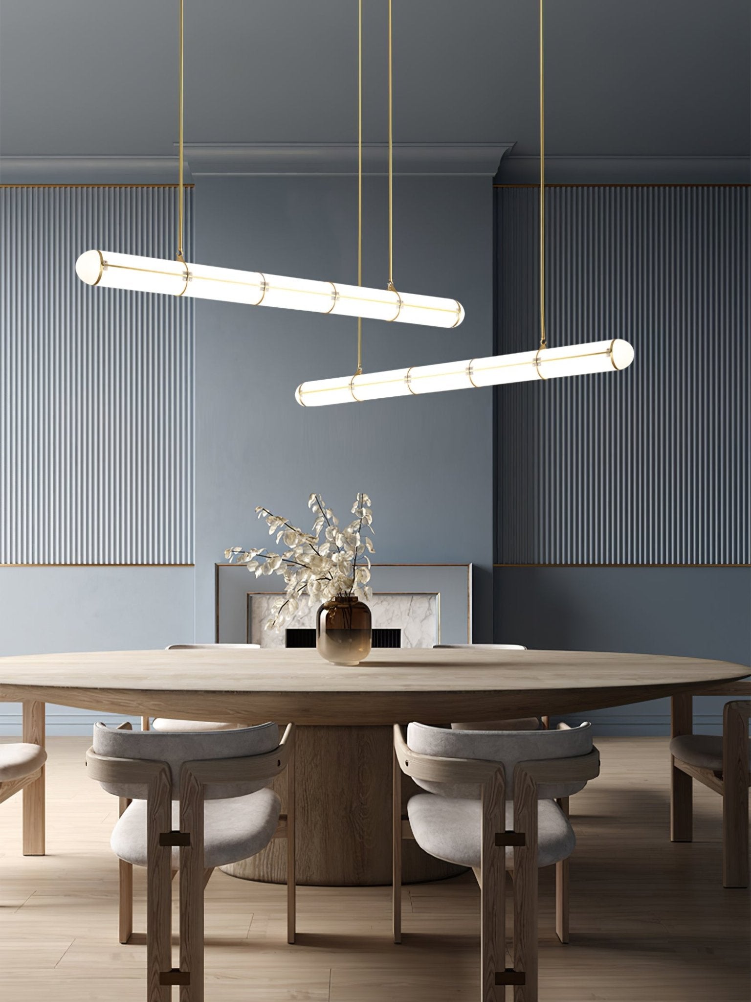 Linear pendant light close-up showing the integrated LED glow