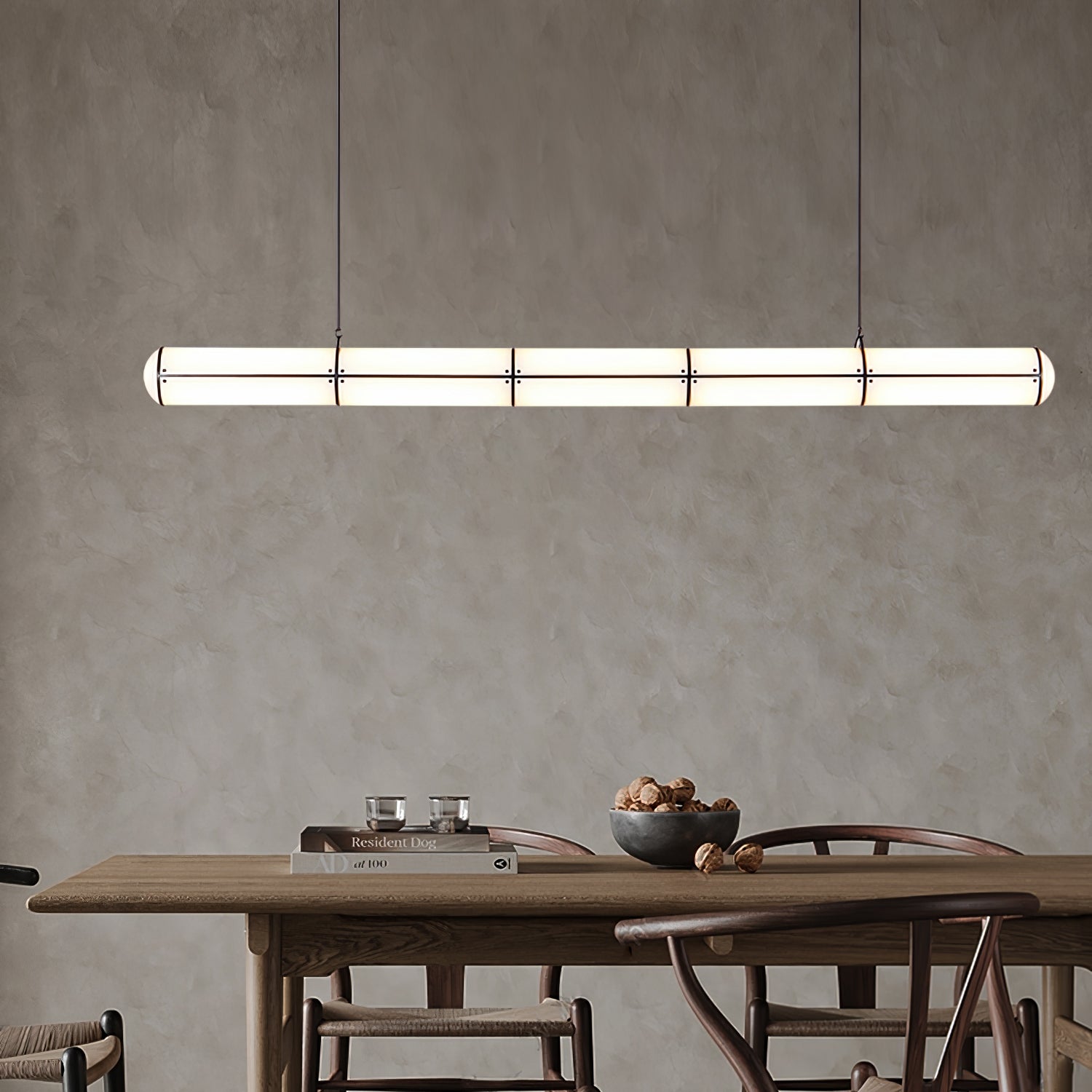 Linear pendant light shown in an architectural room setting