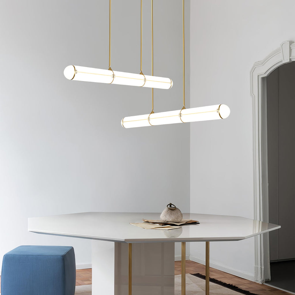 Linear pendant light suspended in a contemporary space