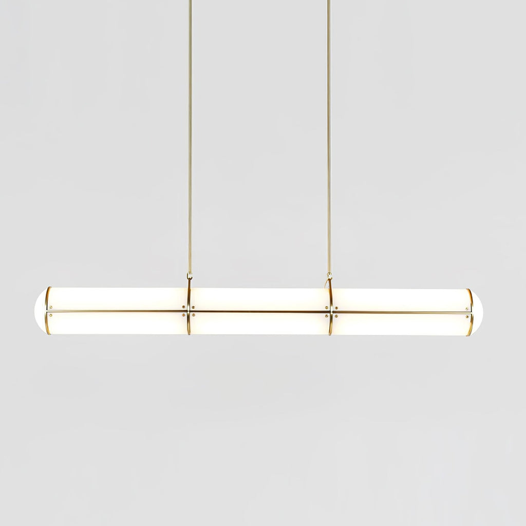 Linear pendant light shown lit in a modern room