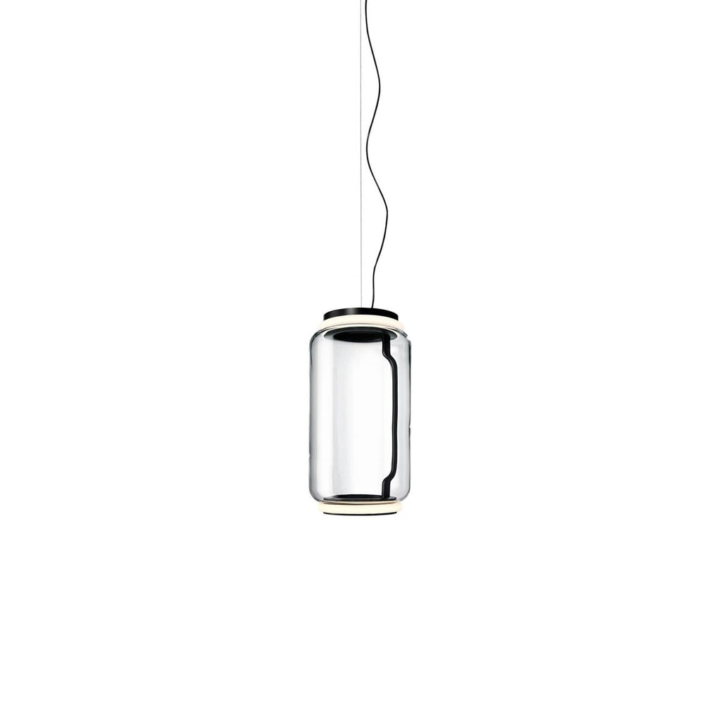 Studio shot of this Clérachic pendant's single wide glass cylinder with its black cord visible inside, on a white background.