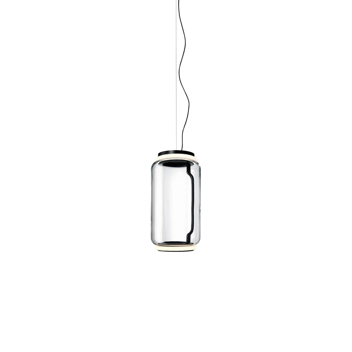 Studio shot of this Clérachic pendant's single wide glass cylinder with its black cord visible inside, on a white background.