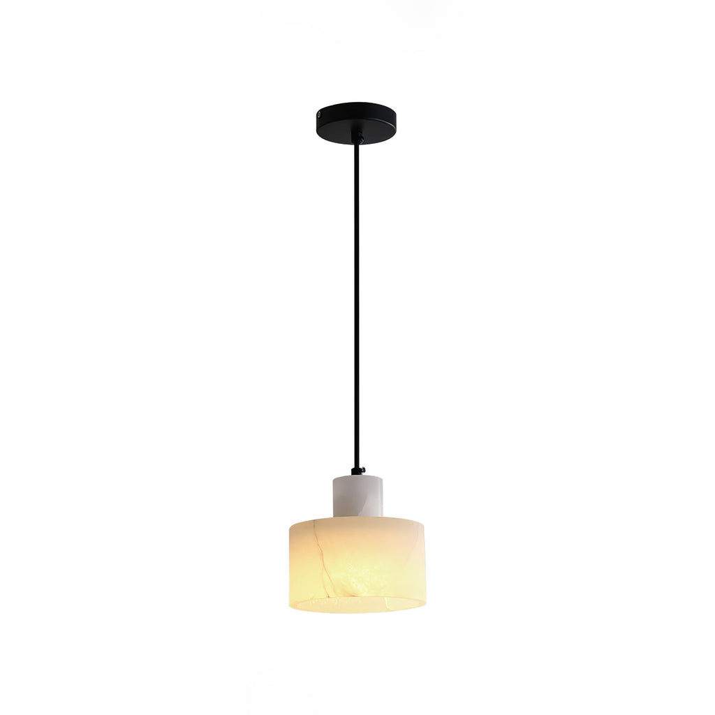 Alabaster pendant light with cable and ceiling canopy visible