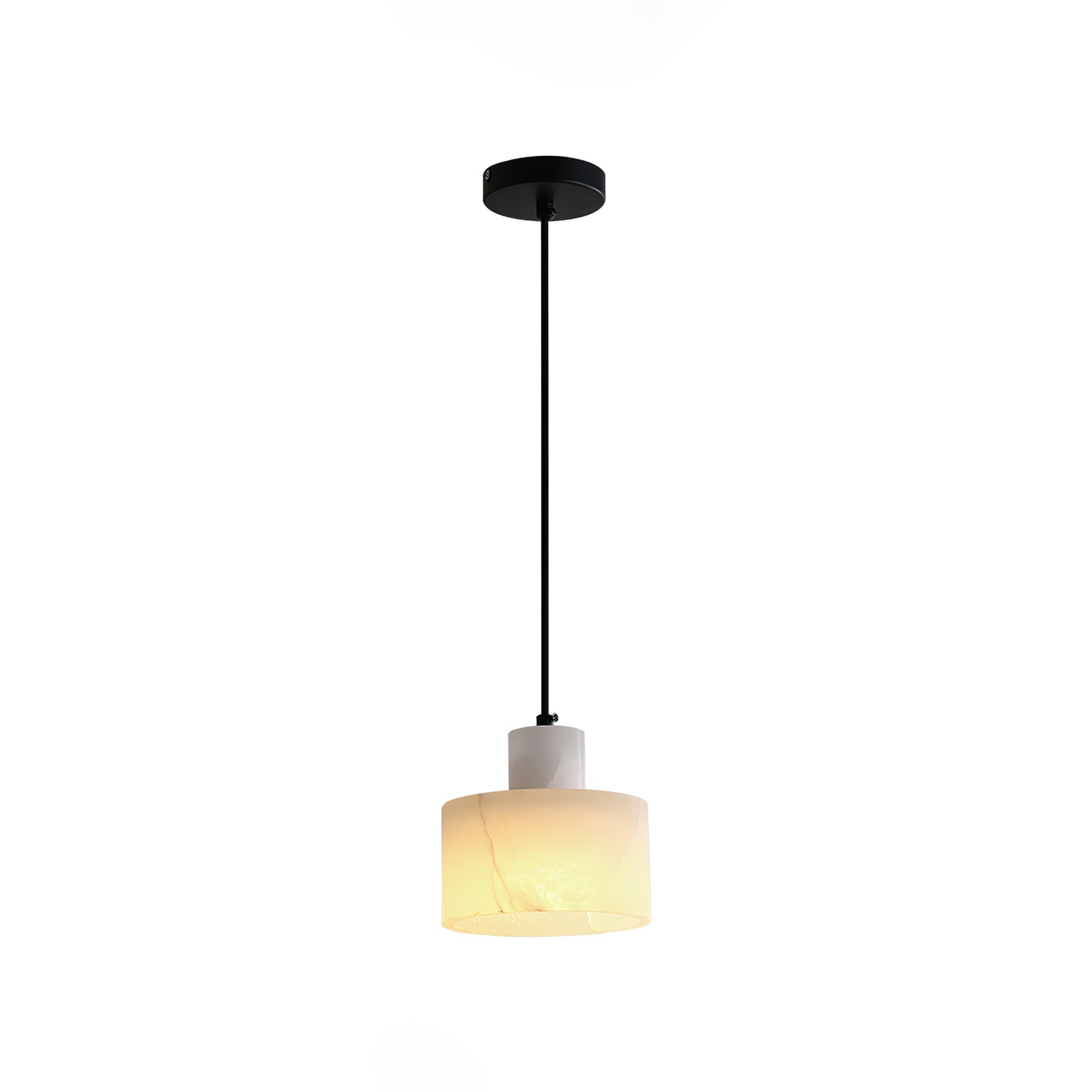 Alabaster pendant light with cable and ceiling canopy visible