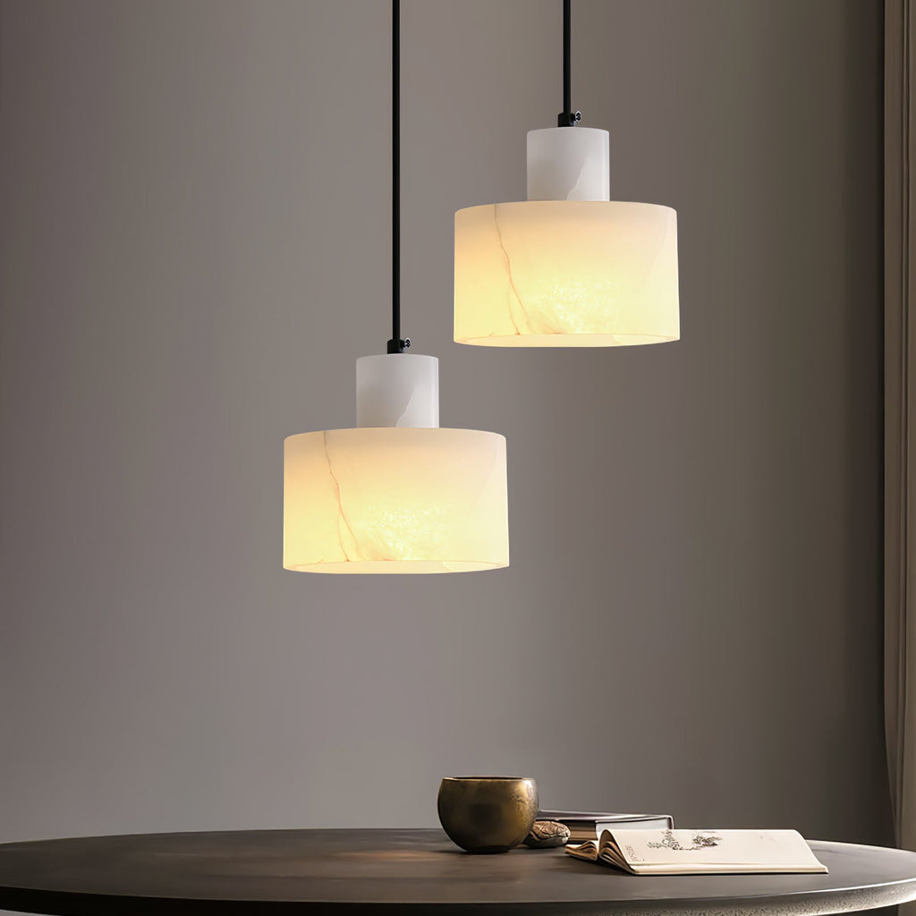 Alabaster pendant light detail with translucent stone glow