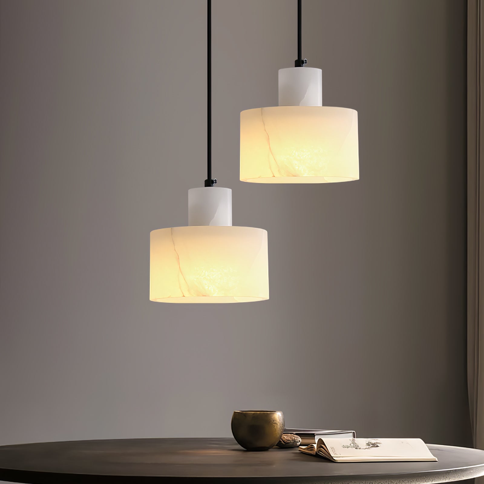 Alabaster pendant light detail with translucent stone glow