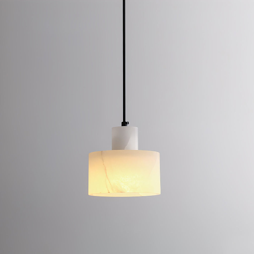 Alabaster pendant light with natural veining shown up close
