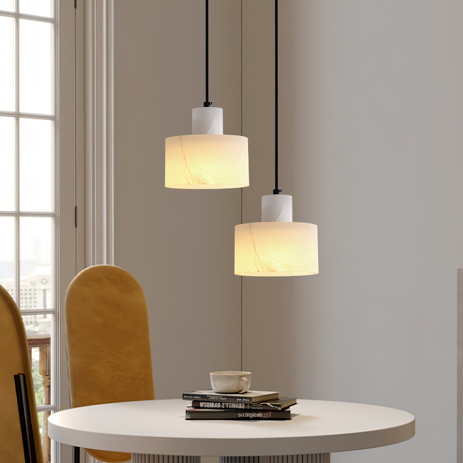 Alabaster pendant light glowing softly as an accent light