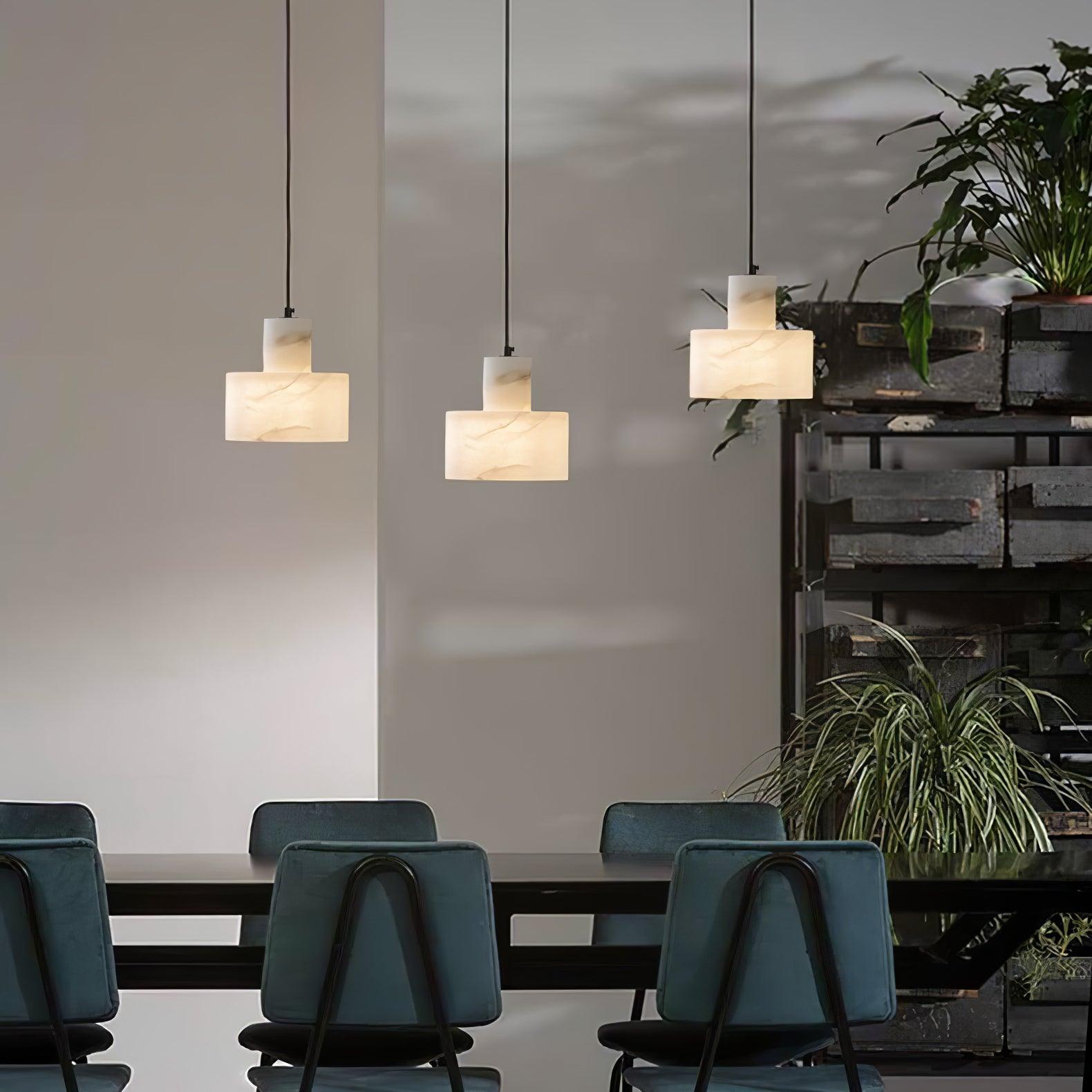 Alabaster pendant light casting a soft, organic glow