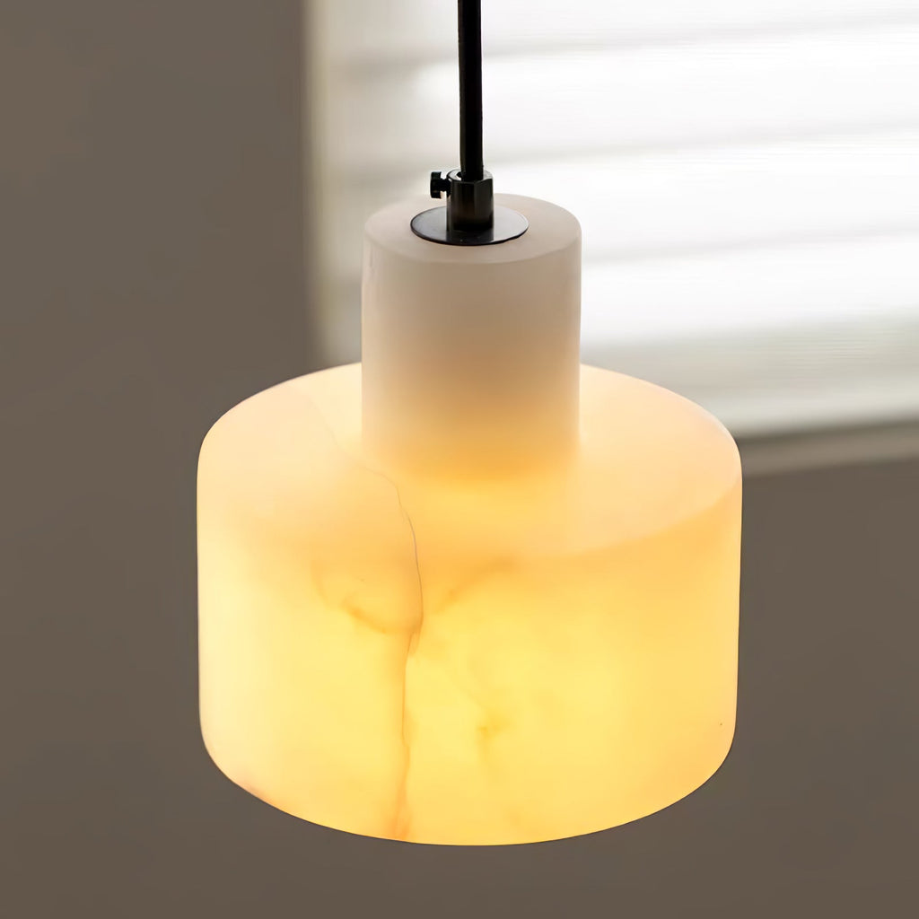 Alabaster pendant light shown with adjustable cable extended