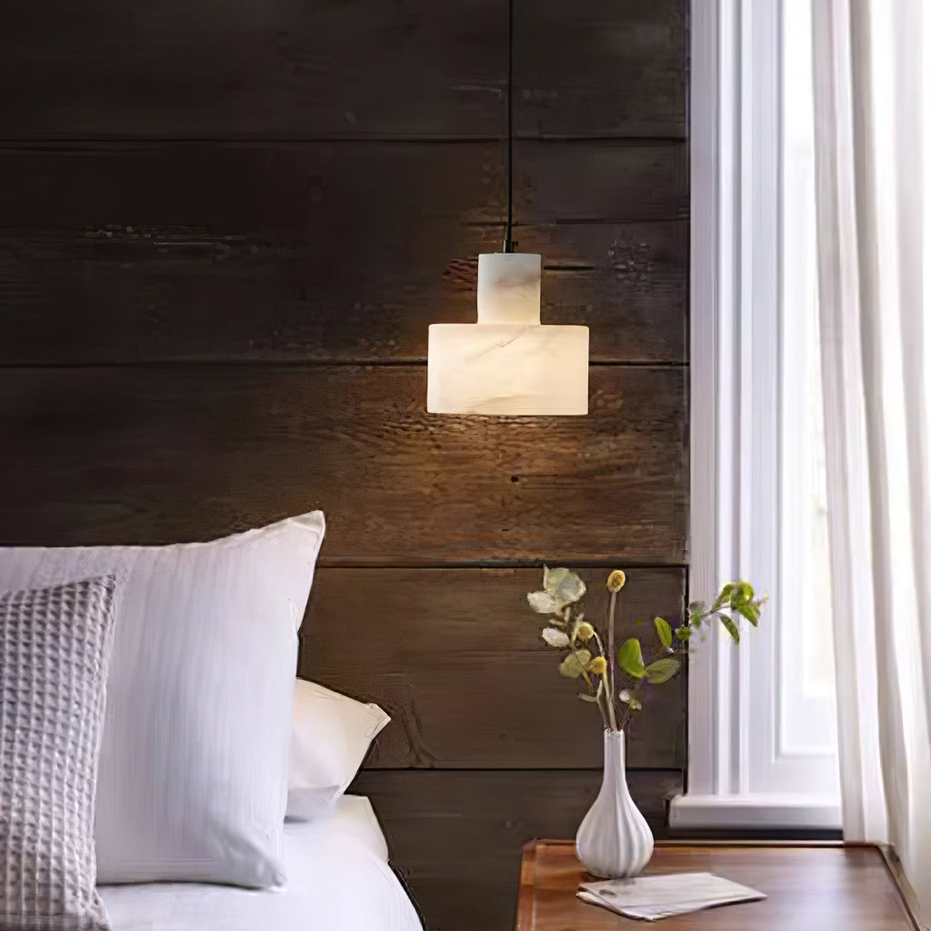 Hand-cut alabaster pendant light detail of stone texture