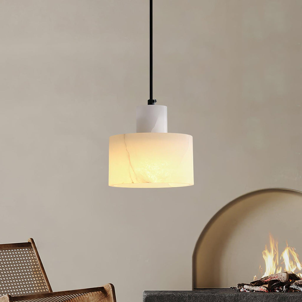 Alabaster pendant light detail showing polished translucent stone