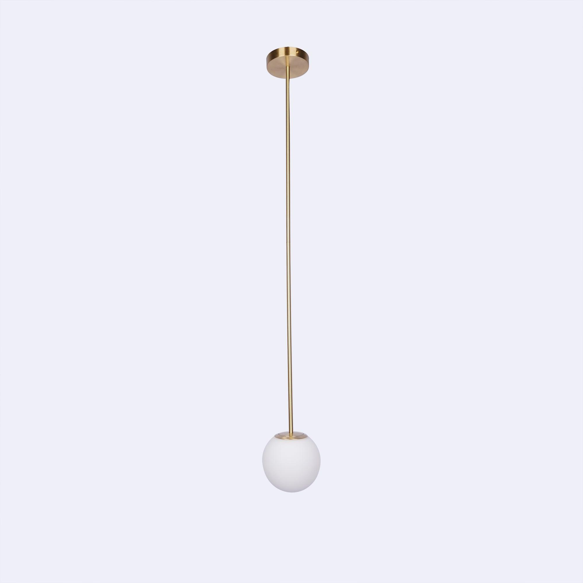 Opal Glass Globe Pendant Light, Brass Rod, Mouth-Blown, E27