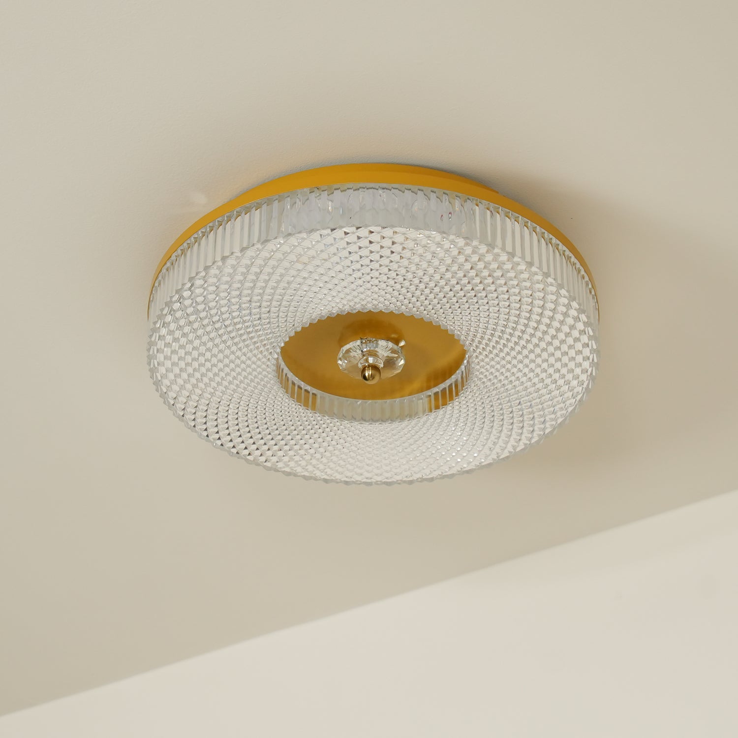 Flush mount LED ceiling light with white acrylic diffuser lit