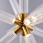 Close view of the lit bulbs where this Clérachic pendant's crystal rods meet at the centre.