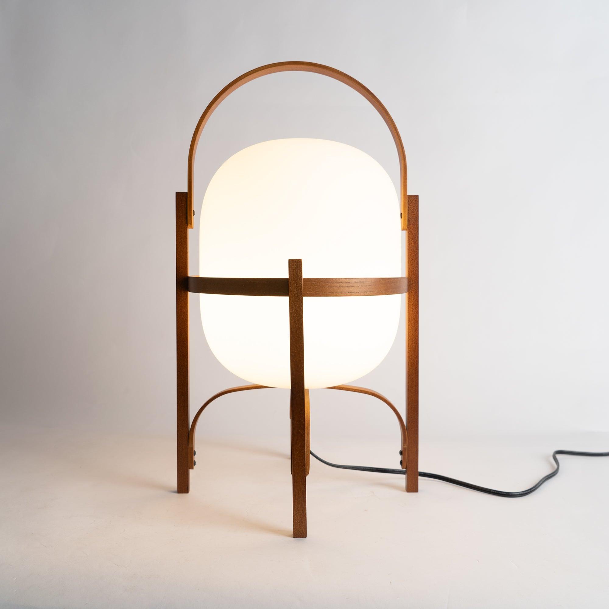 Portable Table Lamp, Ash or Walnut Wood Frame, White Glass Shade, E26/E27