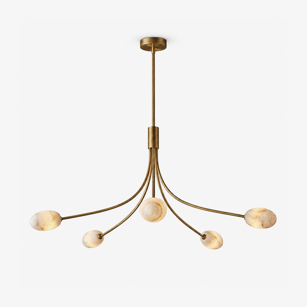Studio view of this Clérachic chandelier in brushed brass, its five alabaster discs angled outward from a central rod.
