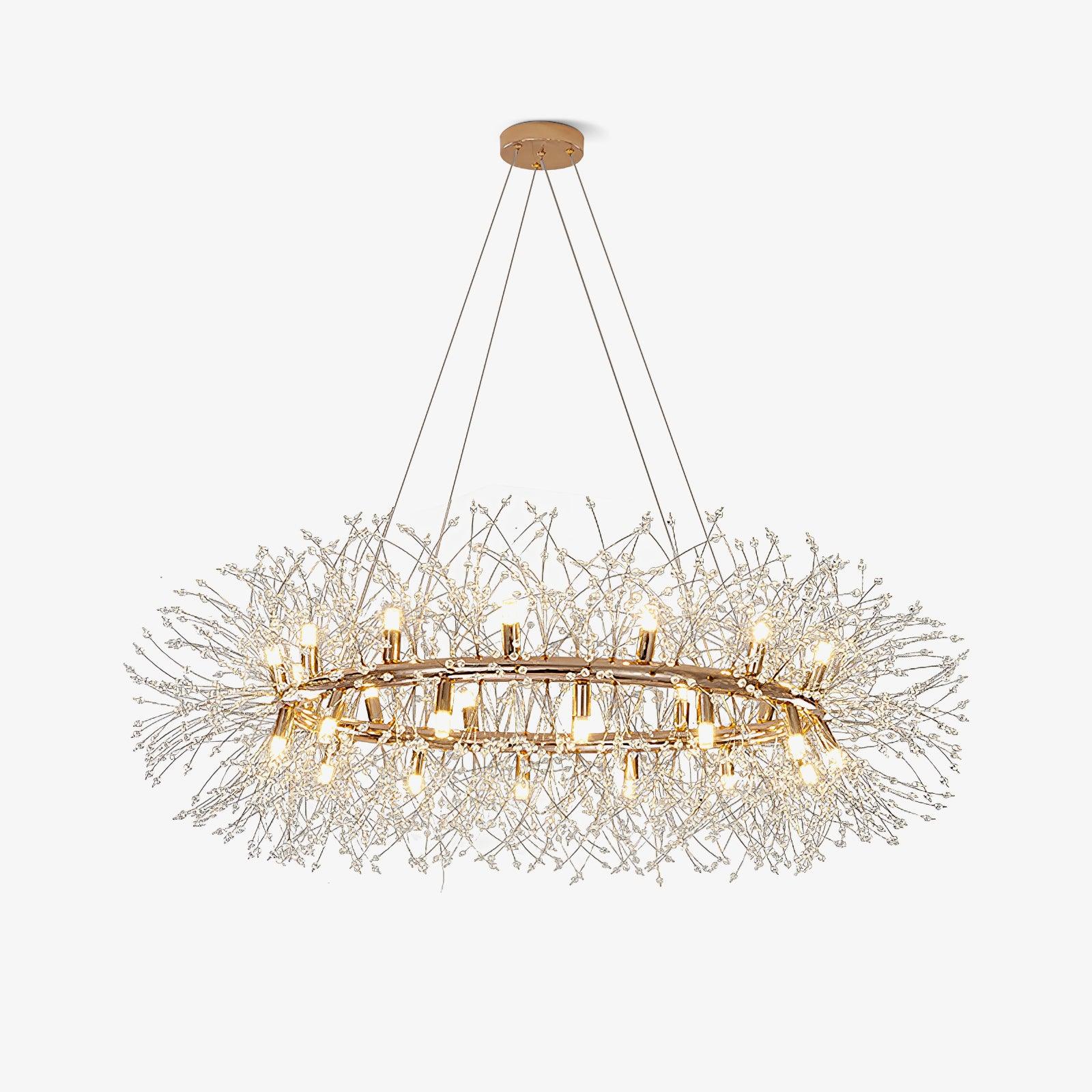 The largest ring size on white, the dandelion-like crystal sprays forming a dense halo around the frame.