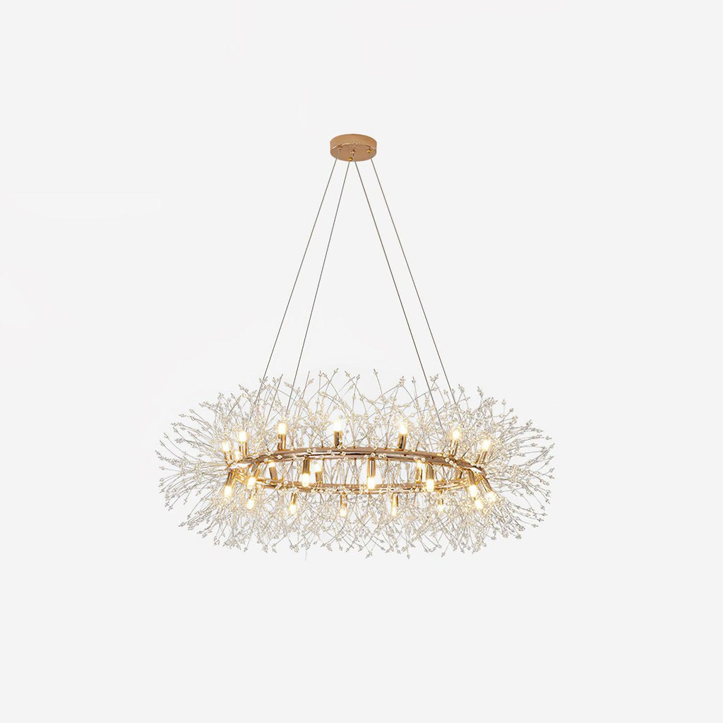 Gold ring chandelier on white, its bulbs ringed by fine wire sprays tipped with clear crystal beads.